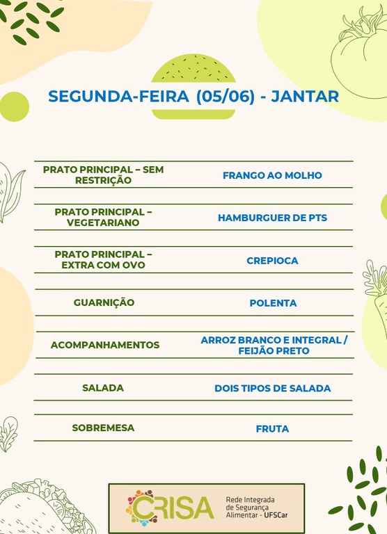 SEGUNDA-FEIRA (05/06) - JANTAR  PRATO PRINCIPAL – SEM RESTRIÇÃO: FRANGO AO MOLHO  PRATO PRINCIPAL – VEGETARIANO: HAMBURGUER DE PTS  PRATO PRINCIPAL – EXTRA COM OVO: CREPIOCA  GUARNIÇÃO: POLENTA  ACOMPANHAMENTOS: ARROZ BRANCO E INTEGRAL / FEIJÃO PRETO  SALADA: DOIS TIPOS DE SALADA  SOBREMESA: FRUTA