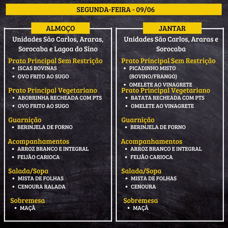 SEGUNDA-FEIRA (09/06) - ALMOÇO  PRATO PRINCIPAL – SEM RESTRIÇÃO: ISCAS BOVINAS E OVO FRITO AO SUGO  PRATO PRINCIPAL – VEGETARIANO: ABOBRINHA RECHEADA COM PTS E OVO FRITO AO SUGO  GUARNIÇÃO: BERINJELA DE FORNO  ACOMPANHAMENTOS: ARROZ BRANCO E INTEGRAL / FEIJÃO CARIOCA  SALADA/SOPA: MISTA DE FOLHAS E CENOURA RALADA  SOBREMESA: MAÇÃ    JANTAR  PRATO PRINCIPAL – SEM RESTRIÇÃO: PICADINHO MISTO (BOVINO/FRANGO) E OMELETE AO VINAGRETE  PRATO PRINCIPAL – VEGETARIANO: BATATA RECHEADA COM PTS E OMELETE AO VINAGRETE  GUARNIÇÃO: BERINJELA DE FORNO  ACOMPANHAMENTOS: ARROZ BRANCO E INTEGRAL / FEIJÃO CARIOCA  SALADA/SOPA: MISTA DE FOLHAS E CENOURA RALADA  SOBREMESA: MAÇÃ