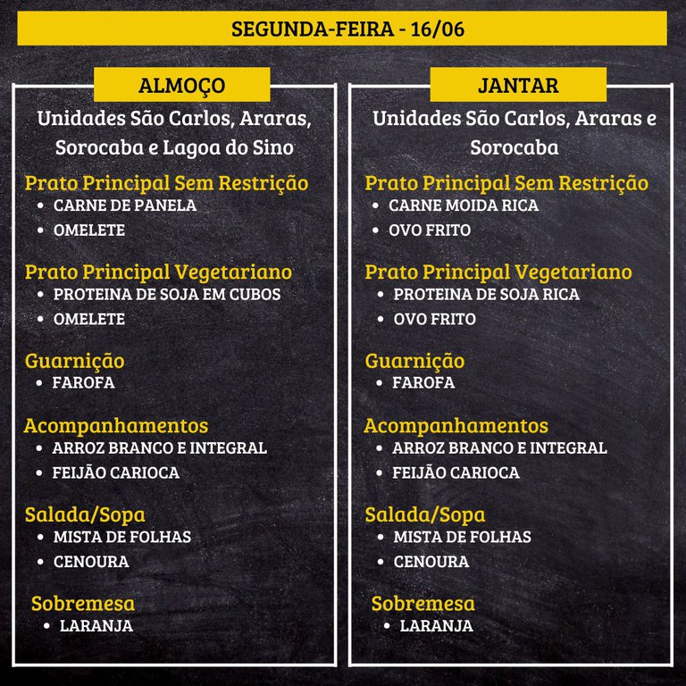 3.jpg SEGUNDA-FEIRA (16/06) - ALMOÇO PRATO PRINCIPAL – SEM RESTRIÇÃO: CARNE DE PANELA E OMELETE PRATO PRINCIPAL – VEGETARIANO: PROTEINA DE SOJA EM CUBOS E OMELETE GUARNIÇÃO: FAROFA ACOMPANHAMENTOS: ARROZ BRANCO E INTEGRAL / FEIJÃO CARIOCA SALADA/SOPA: MISTA DE FOLHAS E CENOURA SOBREMESA: LARANJA JANTAR PRATO PRINCIPAL – SEM RESTRIÇÃO: CARNE MOIDA RICA E OVO FRITO PRATO PRINCIPAL – VEGETARIANO: PROTEINA DE SOJA RICA E OVO FRITO GUARNIÇÃO: FAROFA ACOMPANHAMENTOS: ARROZ BRANCO E INTEGRAL / FEIJÃO CARIOCA SALADA/SOPA: MISTA DE FOLHAS E CENOURA SOBREMESA: LARANJA