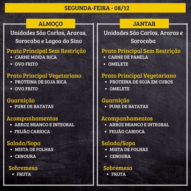 3.jpg SEGUNDA-FEIRA (08/12) - ALMOÇO PRATO PRINCIPAL – SEM RESTRIÇÃO: CARNE MOIDA RICA E OVO FRITO PRATO PRINCIPAL – VEGETARIANO: PROTEINA DE SOJA RICA E OVO FRITO GUARNIÇÃO: PURE DE BATATAS ACOMPANHAMENTOS: ARROZ BRANCO E INTEGRAL / FEIJÃO CARIOCA SALADA/SOPA: MISTA DE FOLHAS E CENOURA SOBREMESA: FRUTA JANTAR PRATO PRINCIPAL – SEM RESTRIÇÃO: CARNE DE PANELA E OMELETE PRATO PRINCIPAL – VEGETARIANO: PROTEINA DE SOJA EM CUBOS E OMELETE GUARNIÇÃO: PURE DE BATATAS ACOMPANHAMENTOS: ARROZ BRANCO E INTEGRAL / FEIJÃO CARIOCA SALADA/SOPA: MISTA DE FOLHAS E CENOURA SOBREMESA: FRUTA