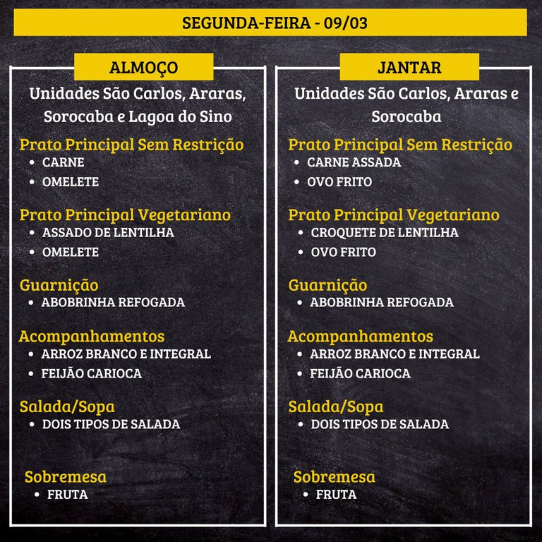 Um cardápio do dia em fundo escuro, dividido em duas colunas: “ALMOÇO” à esquerda e “JANTAR” à direita, com o topo escrito “SEGUNDA-FEIRA - 09/03”.  Transcrição do texto:  SEGUNDA-FEIRA - 09/03  ALMOÇO Unidades São Carlos, Araras, Sorocaba e Lagoa do Sino Prato Principal Sem Restrição CARNE OMELETE Prato Principal Vegetariano ASSADO DE LENTILHA OMELETE Guarnição ABOBRINHA REFOGADA Acompanhamentos ARROZ BRANCO E INTEGRAL FEIJÃO CARIOCA Salada/Sopa DOIS TIPOS DE SALADA Sobremesa FRUTA  JANTAR Unidades São Carlos, Araras e Sorocaba Prato Principal Sem Restrição CARNE ASSADA OVO FRITO Prato Principal Vegetariano CROQUETE DE LENTILHA OVO FRITO Guarnição ABOBRINHA REFOGADA Acompanhamentos ARROZ BRANCO E INTEGRAL FEIJÃO CARIOCA Salada/Sopa DOIS TIPOS DE SALADA Sobremesa FRUTA
