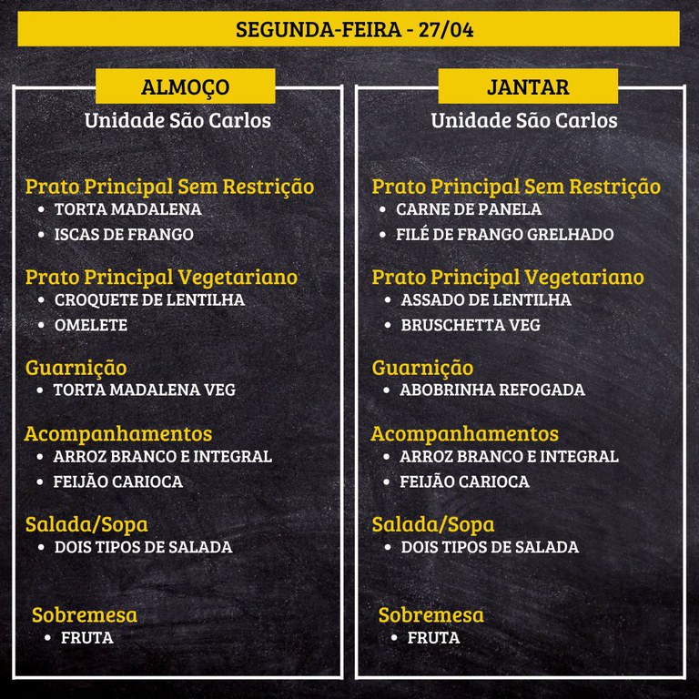 Cardápio em formato de quadro-negro dividido em duas colunas, com texto em português em amarelo e branco.  No topo: SEGUNDA-FEIRA - 27/04  Coluna da esquerda – ALMOÇO – Unidade São Carlos  Prato Principal Sem Restrição • TORTA MADALENA • ISCAS DE FRANGO  Prato Principal Vegetariano • CROQUETE DE LENTILHA • OMELETE  Guarnição • TORTA MADALENA VEG  Acompanhamentos • ARROZ BRANCO E INTEGRAL • FEIJÃO CARIOCA  Salada/Sopa • DOIS TIPOS DE SALADA  Sobremesa • FRUTA  Coluna da direita – JANTAR – Unidade São Carlos  Prato Principal Sem Restrição • CARNE DE PANELA • FILÉ DE FRANGO GRELHADO  Prato Principal Vegetariano • ASSADO DE LENTILHA • BRUSCHETTA VEG  Guarnição • ABORRINHA REFOGADA  Acompanhamentos • ARROZ BRANCO E INTEGRAL • FEIJÃO CARIOCA  Salada/Sopa • DOIS TIPOS DE SALADA  Sobremesa • FRUTA