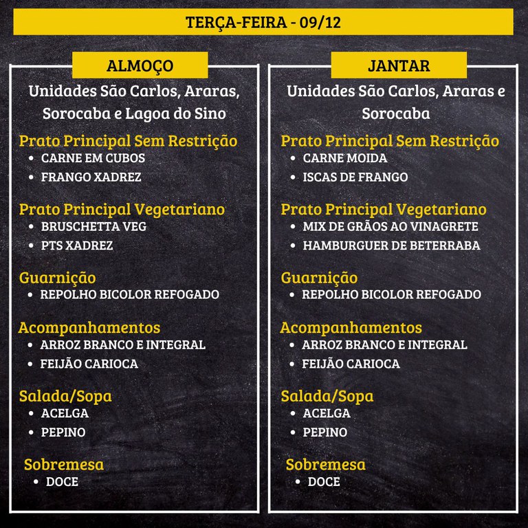 4.jpg TERÇA-FEIRA (09/12) - ALMOÇO PRATO PRINCIPAL – SEM RESTRIÇÃO: CARNE EM CUBOS E FRANGO XADREZ PRATO PRINCIPAL – VEGETARIANO: BRUSCHETTA VEG E PTS XADREZ GUARNIÇÃO: REPOLHO BICOLOR REFOGADO ACOMPANHAMENTOS: ARROZ BRANCO E INTEGRAL / FEIJÃO CARIOCA SALADA/SOPA: ACELGA E PEPINO SOBREMESA: DOCE JANTAR PRATO PRINCIPAL – SEM RESTRIÇÃO: CARNE MOIDA E ISCAS DE FRANGO PRATO PRINCIPAL – VEGETARIANO: MIX DE GRÃOS AO VINAGRETE E HAMBURGUER DE BETERRABA GUARNIÇÃO: REPOLHO BICOLOR REFOGADO ACOMPANHAMENTOS: ARROZ BRANCO E INTEGRAL / FEIJÃO CARIOCA SALADA/SOPA: ACELGA E PEPINO SOBREMESA: DOCE