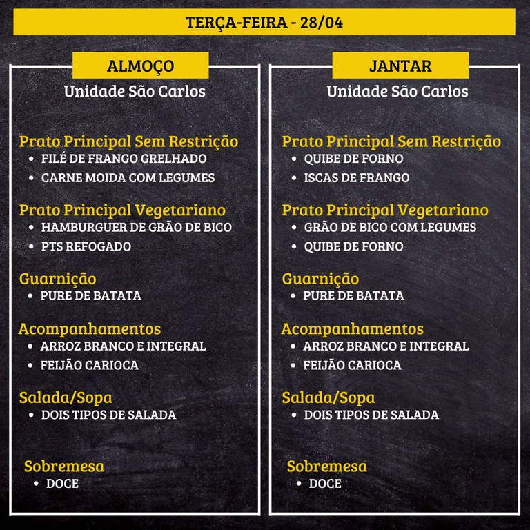 Cardápio de restaurante impresso em estilo quadro negro, com divisão para almoço e jantar da “Unidade São Carlos” na terça‑feira, 28/04.  Transcrição do texto:  TERÇA-FEIRA - 28/04  ALMOÇO Unidade São Carlos  Prato Principal Sem Restrição • FILÉ DE FRANGO GRELHADO • CARNE MOIDA COM LEGUMES  Prato Principal Vegetariano • HAMBURGUER DE GRÃO DE BICO • PTS REFOGADO  Guarnição • PURE DE BATATA  Acompanhamentos • ARROZ BRANCO E INTEGRAL • FEIJÃO CARIOCA  Salada/Sopa • DOIS TIPOS DE SALADA  Sobremesa • DOCE  JANTAR Unidade São Carlos  Prato Principal Sem Restrição • QUIBE DE FORNO • ISCAS DE FRANGO  Prato Principal Vegetariano • GRÃO DE BICO COM LEGUMES • QUIBE DE FORNO  Guarnição • PURE DE BATATA  Acompanhamentos • ARROZ BRANCO E INTEGRAL • FEIJÃO CARIOCA  Salada/Sopa • DOIS TIPOS DE SALADA  Sobremesa • DOCE