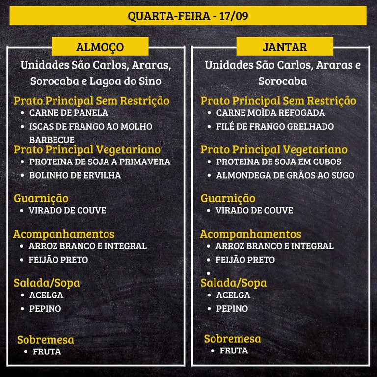QUARTA-FEIRA (17/09) - ALMOÇO  PRATO PRINCIPAL – SEM RESTRIÇÃO: CARNE DE PANELA E ISCAS DE FRANGO AO MOLHO BARBECUE  PRATO PRINCIPAL – VEGETARIANO: PROTEINA DE SOJA A PRIMAVERA E BOLINHO DE ERVILHA  GUARNIÇÃO: VIRADO DE COUVE  ACOMPANHAMENTOS: ARROZ BRANCO E INTEGRAL / FEIJÃO PRETO  SALADA/SOPA: ACELGA E PEPINO  SOBREMESA: FRUTA    JANTAR  PRATO PRINCIPAL – SEM RESTRIÇÃO: CARNE MOÍDA REFOGADA E FILÉ DE FRANGO GRELHADO  PRATO PRINCIPAL – VEGETARIANO: PROTEINA DE SOJA EM CUBOS E ALMONDEGA DE GRÃOS AO SUGO  GUARNIÇÃO: VIRADO DE COUVE  ACOMPANHAMENTOS: ARROZ BRANCO E INTEGRAL / FEIJÃO PRETO  SALADA/SOPA: ACELGA E PEPINO  SOBREMESA: FRUTA