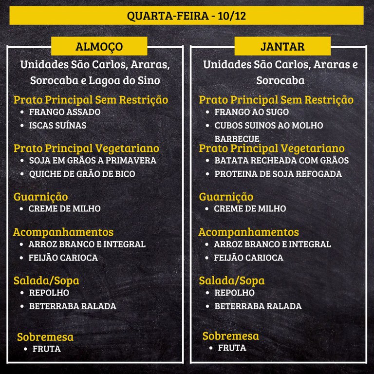 5.jpg QUARTA-FEIRA (10/12) - ALMOÇO PRATO PRINCIPAL – SEM RESTRIÇÃO: FRANGO ASSADO E ISCAS SUÍNAS PRATO PRINCIPAL – VEGETARIANO: SOJA EM GRÃOS A PRIMAVERA E QUICHE DE GRÃO DE BICO GUARNIÇÃO: CREME DE MILHO ACOMPANHAMENTOS: ARROZ BRANCO E INTEGRAL / FEIJÃO CARIOCA SALADA/SOPA: REPOLHO E BETERRABA RALADA SOBREMESA: FRUTA JANTAR PRATO PRINCIPAL – SEM RESTRIÇÃO: FRANGO AO SUGO E CUBOS SUINOS AO MOLHO BARBECUE PRATO PRINCIPAL – VEGETARIANO: BATATA RECHEADA COM GRÃOS E PROTEINA DE SOJA REFOGADA GUARNIÇÃO: CREME DE MILHO ACOMPANHAMENTOS: ARROZ BRANCO E INTEGRAL / FEIJÃO CARIOCA SALADA/SOPA: REPOLHO E BETERRABA RALADA SOBREMESA: FRUTA