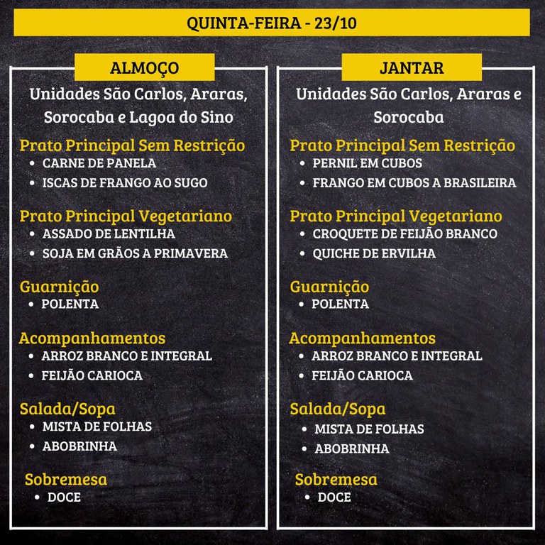 6.jpg QUINTA-FEIRA (23/10) - ALMOÇO  PRATO PRINCIPAL – SEM RESTRIÇÃO: CARNE DE PANELA E ISCAS DE FRANGO AO SUGO  PRATO PRINCIPAL – VEGETARIANO: ASSADO DE LENTILHA E SOJA EM GRÃOS A PRIMAVERA  GUARNIÇÃO: POLENTA  ACOMPANHAMENTOS: ARROZ BRANCO E INTEGRAL / FEIJÃO CARIOCA  SALADA/SOPA: MISTA DE FOLHAS E ABOBRINHA  SOBREMESA: DOCE    JANTAR  PRATO PRINCIPAL – SEM RESTRIÇÃO: PERNIL EM CUBOS E FRANGO EM CUBOS A BRASILEIRA  PRATO PRINCIPAL – VEGETARIANO: CROQUETE DE FEIJÃO BRANCO E QUICHE DE ERVILHA  GUARNIÇÃO: POLENTA  ACOMPANHAMENTOS: ARROZ BRANCO E INTEGRAL / FEIJÃO CARIOCA  SALADA/SOPA: MISTA DE FOLHAS E ABOBRINHA  SOBREMESA: DOCE