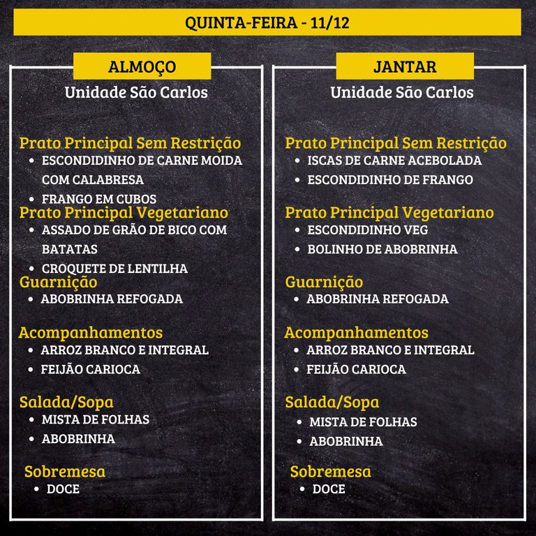 6.jpg QUINTA-FEIRA (11/12) - ALMOÇO PRATO PRINCIPAL – SEM RESTRIÇÃO: ESCONDIDINHO DE CARNE MOIDA COM CALABRESA E FRANGO EM CUBOS PRATO PRINCIPAL – VEGETARIANO: ASSADO DE GRÃO DE BICO COM BATATAS E CROQUETE DE LENTILHA GUARNIÇÃO: ABOBRINHA REFOGADA ACOMPANHAMENTOS: ARROZ BRANCO E INTEGRAL / FEIJÃO CARIOCA SALADA/SOPA: MISTA DE FOLHAS E ABOBRINHA SOBREMESA: DOCE JANTAR PRATO PRINCIPAL – SEM RESTRIÇÃO: ISCAS DE CARNE ACEBOLADA E ESCONDIDINHO DE FRANGO PRATO PRINCIPAL – VEGETARIANO: ESCONDIDINHO VEG E BOLINHO DE ABOBRINHA GUARNIÇÃO: ABOBRINHA REFOGADA ACOMPANHAMENTOS: ARROZ BRANCO E INTEGRAL / FEIJÃO CARIOCA SALADA/SOPA: MISTA DE FOLHAS E ABOBRINHA SOBREMESA: DOCE