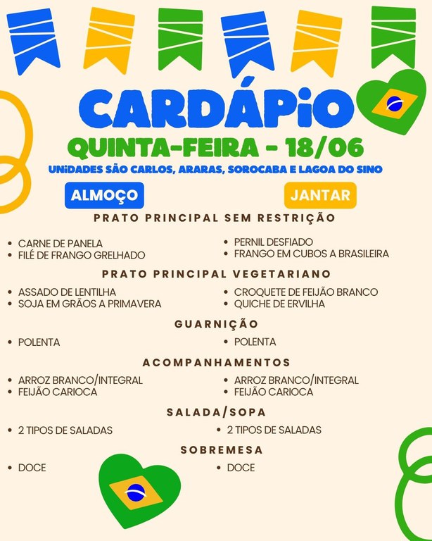 Cartaz de cardápio com tema de Festa Junina em cores azul, verde e amarelo e corações com a bandeira do Brasil nos cantos. No topo há bandeirinhas coloridas e, abaixo, os textos do menu.  Transcrição do texto:  CARDÁPIO QUINTA-FEIRA – 18/06  UNIDADES SÃO CARLOS, ARARAS, SOROCABA E LAGOA DO SINO  ALMOÇO  PRATO PRINCIPAL SEM RESTRIÇÃO CARNE DE PANELA FILÉ DE FRANGO GRELHADO  PRATO PRINCIPAL VEGETARIANO ASSADO DE LENTILHA SOJA EM GRÃOS À PRIMAVERA  GUARNIÇÃO POLENTA  ACOMPANHAMENTOS ARROZ BRANCO/INTEGRAL FEIJÃO CARIOCA  SALADA/SOPA 2 TIPOS DE SALADAS  SOBREMESA DOCE  JANTAR  PRATO PRINCIPAL SEM RESTRIÇÃO PERNIL DESFIADO FRANGO EM CUBOS À BRASILEIRA  PRATO PRINCIPAL VEGETARIANO CROQUETE DE FEIJÃO BRANCO QUICHE DE ERVILHA  GUARNIÇÃO POLENTA  ACOMPANHAMENTOS ARROZ BRANCO/INTEGRAL FEIJÃO CARIOCA  SALADA/SOPA 2 TIPOS DE SALADAS  SOBREMESA DOCE