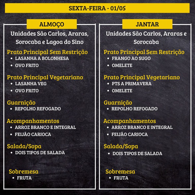 Cardápio em um quadro de fundo preto, com faixas amarelas no topo indicando data e refeições.  Texto do cardápio:  SEXTA-FEIRA - 01/05  ALMOÇO Unidades São Carlos, Araras, Sorocaba e Lagoa do Sino  Prato Principal Sem Restrição • LASANHA A BOLONHESA • OVO FRITO  Prato Principal Vegetariano • LASANHA VEG • OVO FRITO  Guarnição • REPOLHO REFOGADO  Acompanhamentos • ARROZ BRANCO E INTEGRAL • FEIJÃO CARIOCA  Salada/Sopa • DOIS TIPOS DE SALADA  Sobremesa • FRUTA   JANTAR Unidades São Carlos, Araras e Sorocaba  Prato Principal Sem Restrição • FRANGO AO SUGO • OMELETE  Prato Principal Vegetariano • PTS A PRIMAVERA • OMELETE  Guarnição • REPOLHO REFOGADO  Acompanhamentos • ARROZ BRANCO E INTEGRAL • FEIJÃO CARIOCA  Salada/Sopa • DOIS TIPOS DE SALADA  Sobremesa • FRUTA
