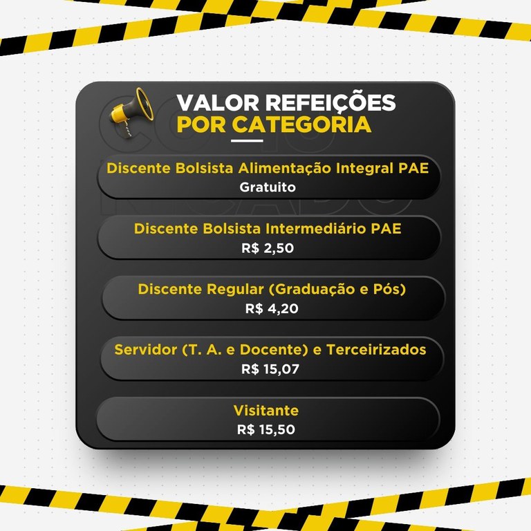 VALOR DAS REFEIÇÕES - POR CATEGORIA   Discente Bolsista Alimentação Integral PAE – Gratuito  Discente Bolsista Intermediário PAE – R$ 2,50 (dois reais e cinquenta centavos)  Discente Regular (Graduação e Pós Graduação) – R$ 4,20 (quatro reais e vinte centavos)  Servidor (Técnico Administrativo e Docente) e Terceirizados – R$ 15,07 (quinze reais e sete centavos)  Visitante – R$ 15,50 (quinze reais e cinquenta centavos)